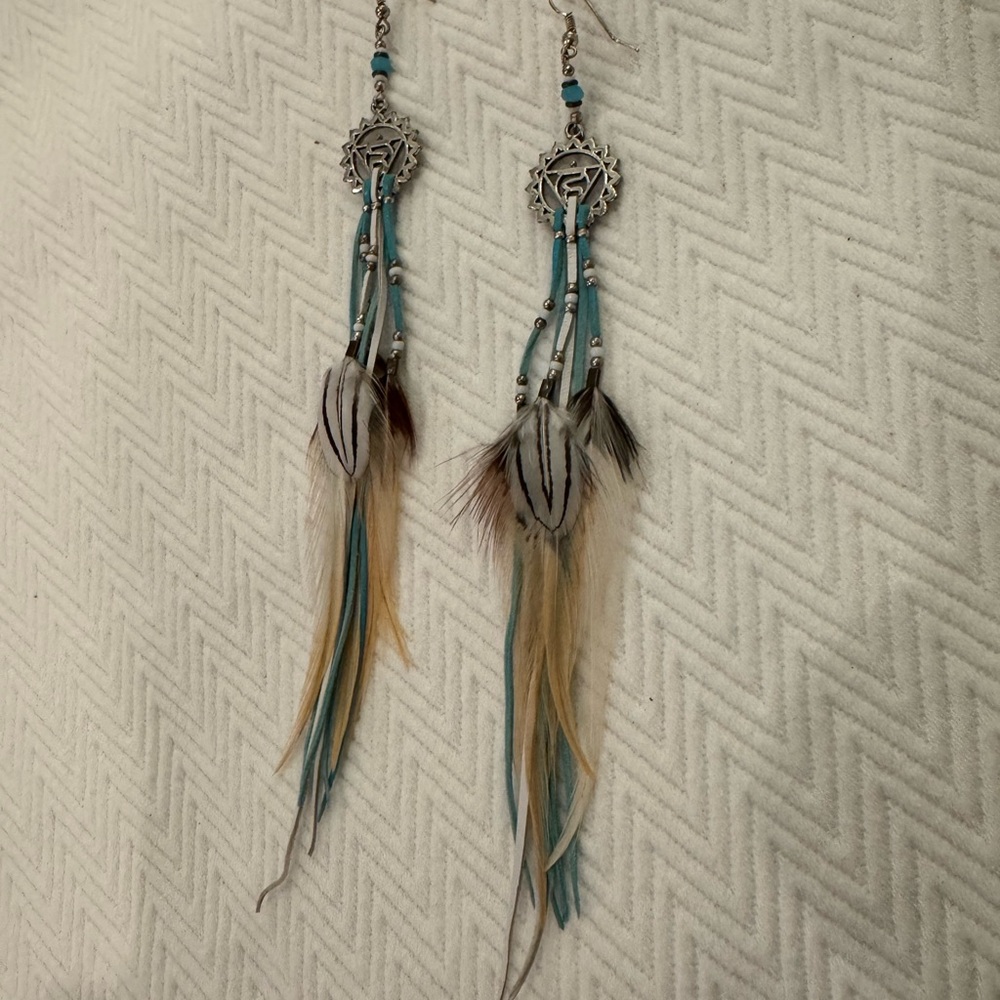 From Ibiza Turquoise Feather Drop Earrings - Boho Women Jewelry
